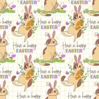 Seamless pattern with a cartoon cat with bunny ears and the pun inscription Have a hoppy easter isolated on a pastel background. vector