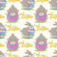 Seamless pattern with funny cheerful bunnies with huge Easter eggs and happy easter inscription. Spring character wrapping paper ready repeat template. vector