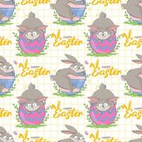 Seamless pattern with funny cheerful bunnies with huge Easter eggs and happy easter inscription. Spring character wrapping paper ready repeat template. vector