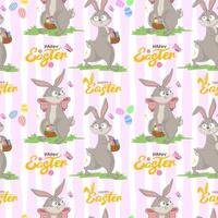 Seamless pattern with funny cheerful bunnies with basket with Easter eggs and happy easter inscription. Spring character wrapping paper ready repeat template vector