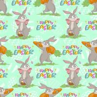 Seamless pattern with funny cheerful bunnies with basket of  Easter eggs, huge carrot and happy easter inscription. Spring character wrapping paper ready repeat template. vector