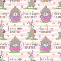 Seamless pattern with funny cheerful bunnies with huge Easter eggs. Spring character wrapping paper ready repeat template vector