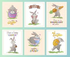 Set of greeting cards with cartoon Easter bunnies with eggs, bows, carrots and lettering. Festive spring collection doodle character isolated on white background. vector