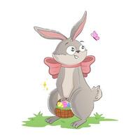 Funny Easter bunny holding a basket of eggs on the lawn. Holiday doodle character isolated on white background vector