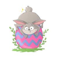 funny Easter bunny climbs and falls on a huge egg on the lawn. Holiday doodle character isolated on white background. vector