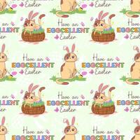 Seamless pattern with a cartoon cat with bunny ears and the pun  inscription Have an Eggcellent easter  isolated on a pastel background vector