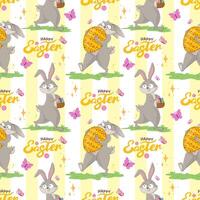 Seamless pattern with funny cheerful bunnies with huge Easter eggs and basket, happy easter inscription. Spring character wrapping paper ready repeat template. vector
