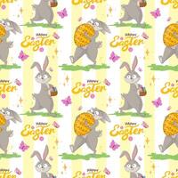 Seamless pattern with funny cheerful bunnies with huge Easter eggs and basket, happy easter inscription. Spring character wrapping paper ready repeat template. vector