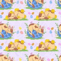 Seamless pattern with cartoon cat with bunny ears, chickens and Easter eggs isolated on pastel background. vector