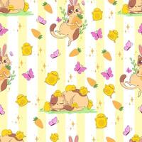 Seamless pattern with cartoon cat with bunny ears, chickens and butterflies isolated on pastel background. vector