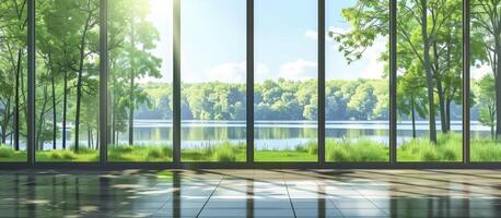 AI generated Tranquil Lake View, Sunlit Spring Day Through a Large Window Overlooking a Forested Shoreline photo