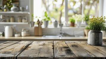 ai generado rústico sencillez, vacío de madera mesa conjunto en contra un borroso cocina banco antecedentes foto