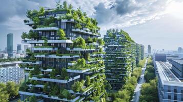 ai generado elevando urbano viviendo, inteligente edificios mejorando residente vive en sostenible ciudades foto