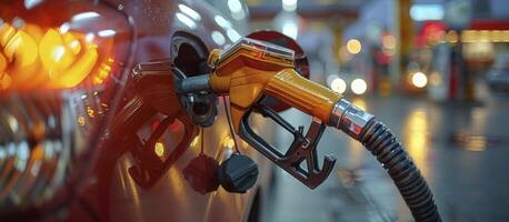 AI generated Petrol Station Scene, Gas Pump Nozzle in Fuel Dispenser, Facilitating Refueling with Gasoline and Diesel, Symbolizing Petroleum Industry and Service. photo