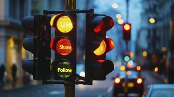 AI generated Engagement Concept, Traffic Lights Displaying Like, Share, Follow Texts photo