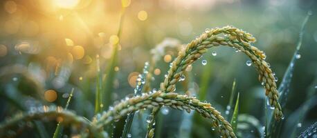 AI generated Organic Rice Farming, Selective Focus on Ear of Rice in Lush Green Paddy Field, Reflecting the Beauty of Plant Cultivation in Asia. photo