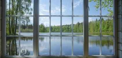 AI generated Tranquil Lake View, Sunlit Spring Day Through a Large Window Overlooking a Forested Shoreline photo