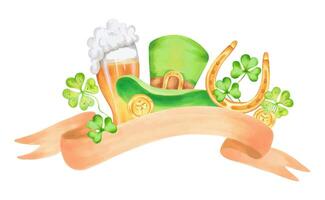 Brown ribbon for text with elements of St. Patrick's Day. Golden horseshoe and coin, a mug of beer with a green cylinder and clover. Watercolor illustration. Hand drawn isolated strip for a banner vector