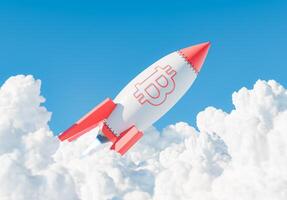 Bitcoin Rocket Launching Through Clouds Symbolizing Price Surge photo