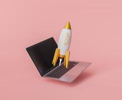 Bitcoin Rocket Launching from Laptop on Red Background photo