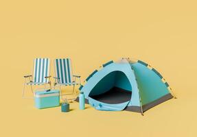 Campsite Setup with Tent, Cooler, and Striped Chairs on Yellow Background photo