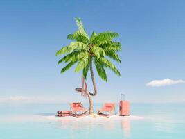 Isolated Palm Tree on a Tiny Island with Sun Lounger and Suitcase photo