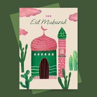 Islamic greeting card with mosque and plant illustration for ramadan  eid mubarak  islamic day. vector