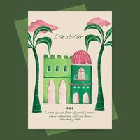 islámico saludo tarjeta con mezquita y planta ilustración para Ramadán eid Mubarak islámico día. vector
