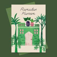 Islamic greeting card with mosque and plant illustration for ramadan  eid mubarak  islamic day. vector