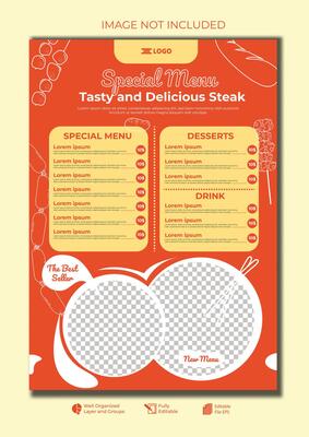 Food restaurant menu layout editable template, menu list cafe orange modern template, list menu layout and food poster restaurant for dinner lunch breakfast menu template