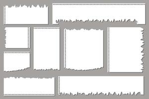 Pieces of torn white note paper different shapes isolated on gray background realistic vector illustration, Notepad torn paper for message note, page or banner and cardboard blank ripped piece strips