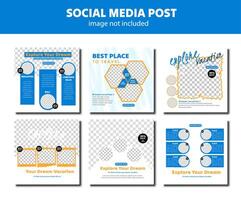 Editable template flat travel social media post collection, travel promotion fyler posts, blue template post for social media ad. web banner ads for travel promotion vector