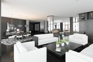 lujo moderno vivo habitación y comida habitación con blanco sofá foto