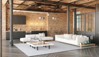 A modern loft living room with a couch, a kitchen photo