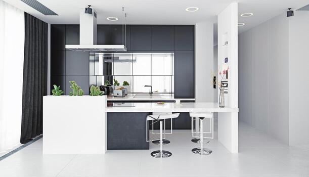 modern kitchen black and white interior. photo