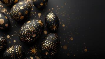 AI generated Easter black with gold ornament eggs on a black background. Easter minimalistic concept. Copy space. photo