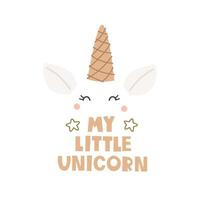 mi pequeño unicornio. dibujos animados bocina, mano dibujo letras, decoración elementos. vistoso vector ilustración para niños, plano estilo. bebé diseño para tarjeta, imprimir, póster, cubrir.