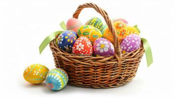 AI generated Hand painted colorful Easter eggs in the woven basket isolated on white background. Pastel color Easter eggs. photo