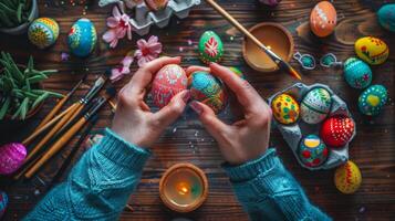 AI generated Woman painting Easter egg at home on old wooden table. Handmade decoration for holidays. photo