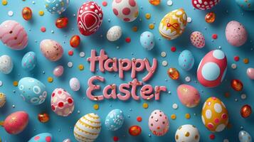 AI generated Happy Easter calligraphy text message with colorful decorated eggs over blue background. photo