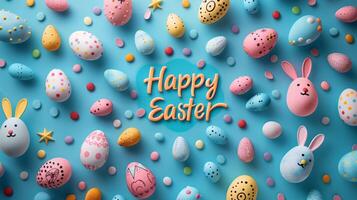 AI generated Happy Easter calligraphy text message with colorful decorated eggs over blue background. photo