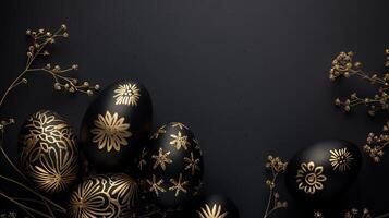 ai generado Pascua de Resurrección negro con oro ornamento huevos en un negro antecedentes. Pascua de Resurrección minimalista concepto. Copiar espacio. foto