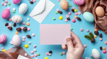 AI generated Easter Family traditions. Top view composition of open envelope with colored eggs, Easter candy on blue background. photo