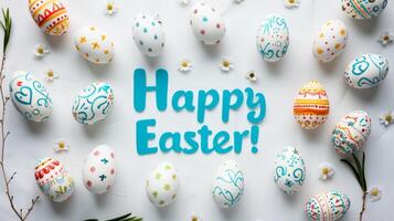 AI generated Happy Easter. Greeting banner postcard with decorative eggs in nest on white background. photo