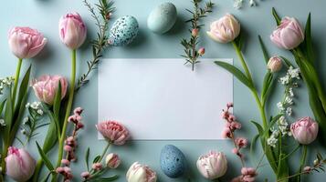 AI generated Happy Easter concept. Simple spring Easter template, greeting card, banner. Top view with copy space photo