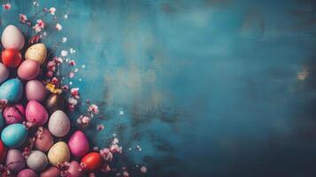 AI generated Easter background with Easter painted eggs and spring flowers on rustic background. Top view with copy space. photo