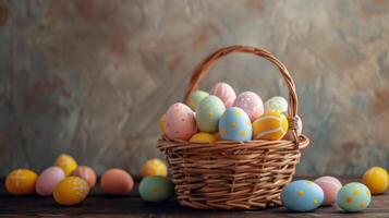 AI generated Easter eggs in the woven basket isolated on neutral background. Copy space. photo
