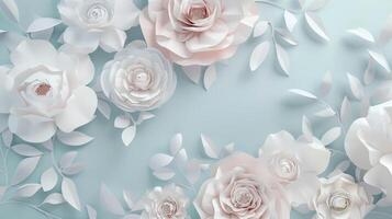 AI generated Beautiful white flowers on blue background with copy space. Papercut style. photo