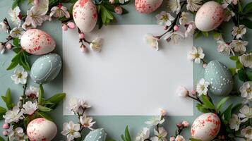 AI generated Happy Easter concept. Simple spring Easter template, greeting card, banner. Top view with copy space photo