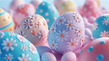 AI generated Pile of colorful Easter 3D eggs. Easter background concept. photo